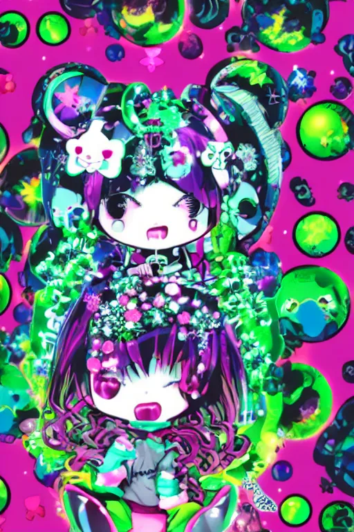 Image similar to cybergoth decora glitchcore yokai girl, sanrio ornaments, pastel cute cinematography