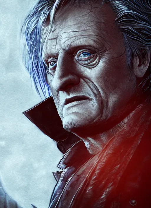 Image similar to A fantasy comic book style portrait painting of Rutger Hauer as a vampire hunter in a atmospheric dark fortress, unreal 5, DAZ, hyperrealistic, octane render, RPG portrait, ambient light, dynamic lighting