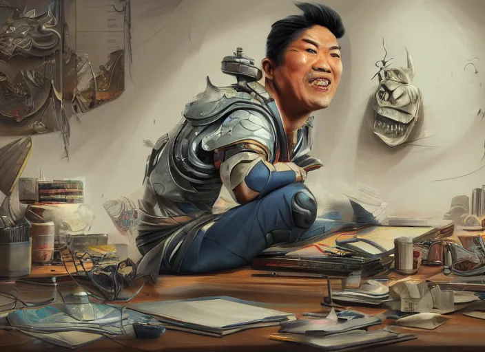 Image similar to an insanely detailed painting of an asian man wearing a homemade superhero costume, sitting at a desk, staring seriously at the computer and typing, in the style of peter mohrbacher, james jean, artgerm, dramatic lighting and composition, surreal background, octane render, pixar, trending on artstation, concept art, comic book, view from behind, 8 k