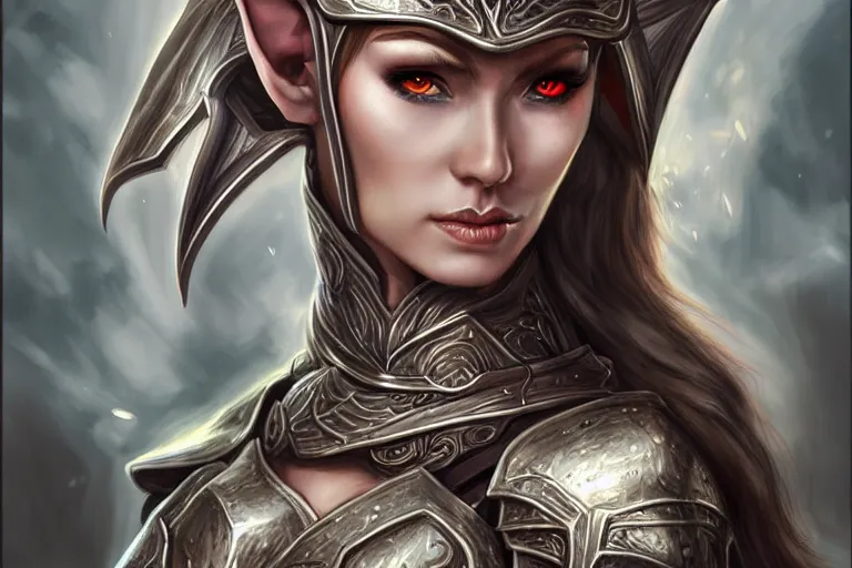 Image similar to head and shoulders portrait of an eldritch knight, elf, beautiful, female, breastplate, magical, high fantasy, d & d, by artgerm, face details, extremely detailed, digital illustration