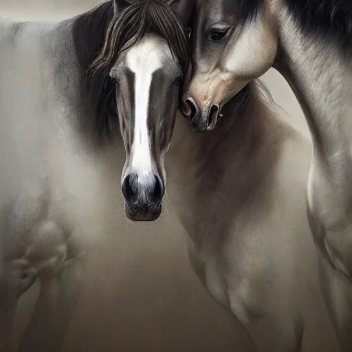 Image similar to a stunning ultra realistic painting of horses diffused into one another inside a stable by tom bagshaw, 24mm lens, 4k