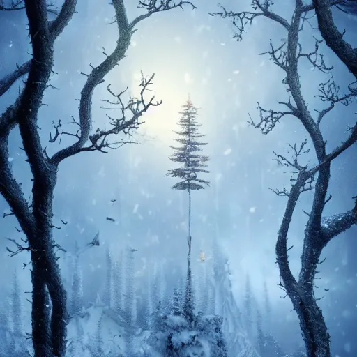 Prompt: eerie lights perched on branches in winter forest, artstation winter fantasy, dark fantasy, winter landscapes