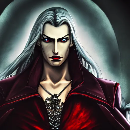 Prompt: a portrait of a alucard castlevania ,Grim fantasy, vampire, D&D, HDR, natural light, shoulder level shot, dynamic pose, award winning photograph, Mucha style 4k,