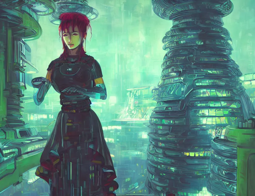 Prompt: aztec scifi pastry chef in a cloud forest cafe, wearing a lovely dress with cyberpunk elements. this oil painting by the award - winning mangaka has an interesting color scheme and impeccable lighting.