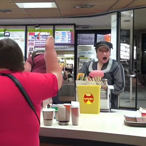 Image similar to heavily overweight person is screaming at the cashier of a mcDrive