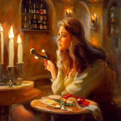 Image similar to wine cellar full of food, torches on the wall, schnapps, romantic, inviting, cozy, blonde woman, painting Vladimir Volegov