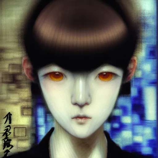 Image similar to yoshitaka amano blurred and dreamy realistic three quarter angle portrait of a young woman with short hair and black eyes wearing office suit with tie, junji ito abstract patterns in the background, satoshi kon anime, noisy film grain effect, highly detailed, renaissance oil painting, weird portrait angle, blurred lost edges