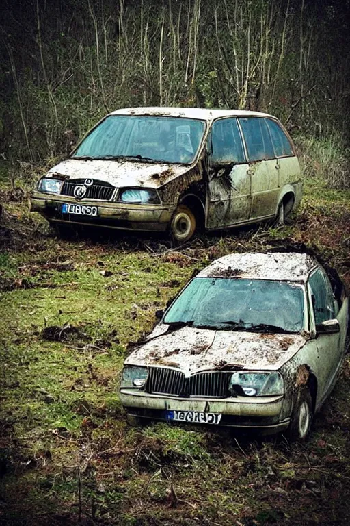 Image similar to “Miserable old Skoda Octavia Combi dirty and broken in a depressing dead forest”