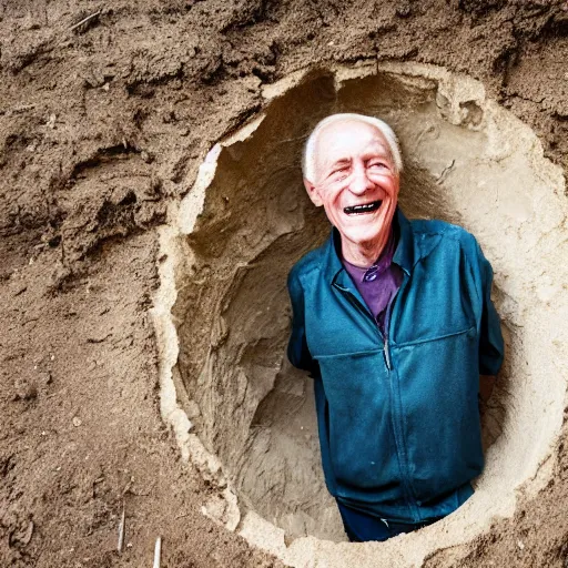 Prompt: a smiling old man seen standing in a hole