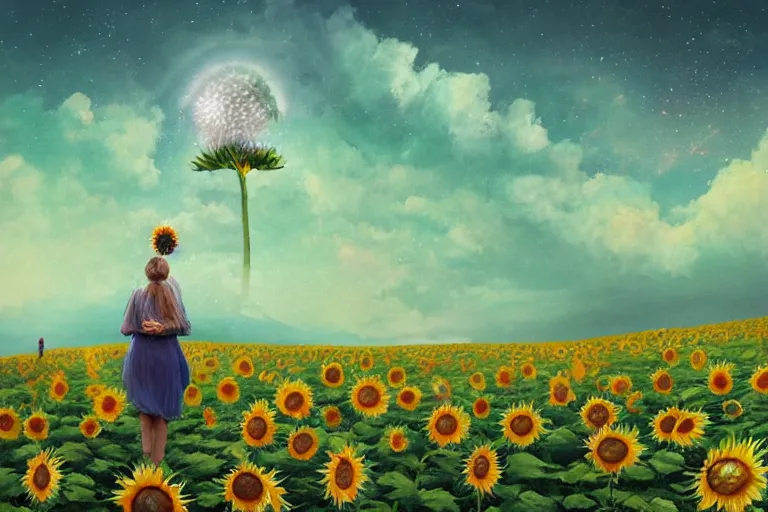 Image similar to giant sunflower as a head, girl walking in daisy field, hills, surreal photography, dark night, star trails, dramatic light, impressionist painting, clouds, digital painting, artstation, simon stalenhag