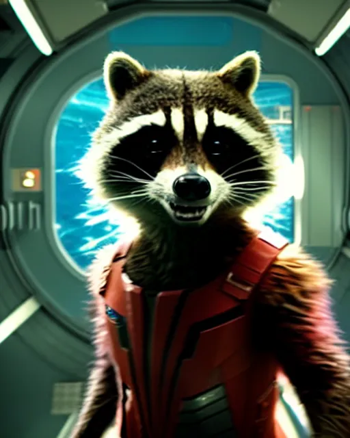 Image similar to film still of rocket the raccoon standing in the hallway of a space ship from guardians of the galaxy, soft volumetric lighting, cinematic, ridley scott, closeup portrait, confident action pose, octane