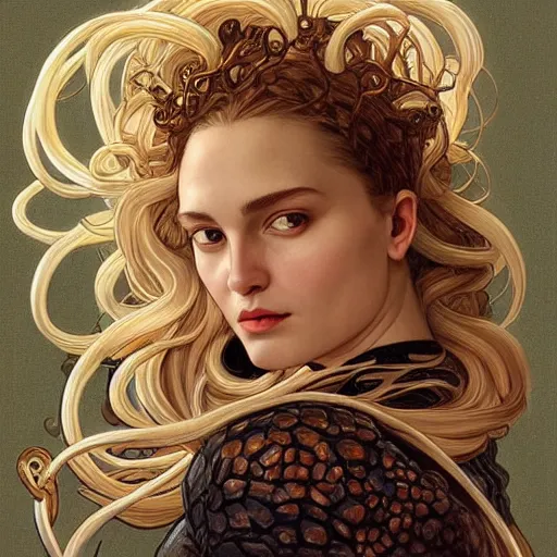 Image similar to “ daria strokous as medusa, frowning, scowl, snakes for hair, intricate, elegant, highly detailed, digital painting, artstation, concept art, smooth, sharp focus, illustration, art by artgerm and greg rutkowski and alphonse mucha ”