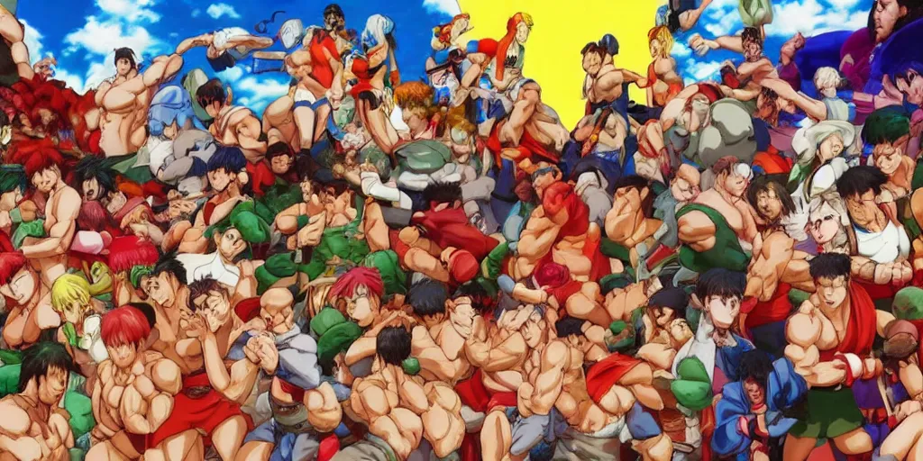 Prompt: A feast for the cast of street fighter 3, very detailed, anime, Delicious, Plump, Juicy, Hot Food, large white border, hd, 8k, Unreal Engine 5, high resolution print :1 by Hayao Miyazaki, Nausicaa, studio Ghibli style, Anime wallpaper, cell shading, trending on deviant art :1