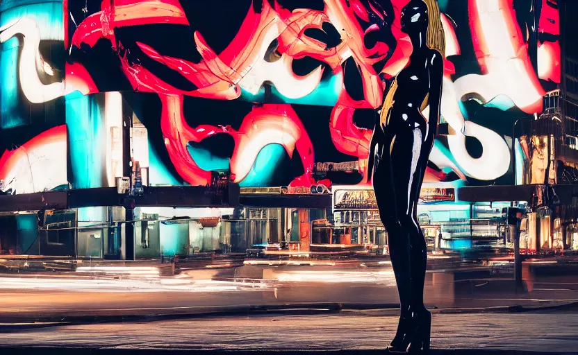 Image similar to night time photo of billboard advertisement of extremely beautiful female black marble statue in the style of virgil abloh, colorful motocross logos behind her, sharp focus, clear, detailed,, cinematic, detailed, off white, glamourous, symmetrical, vogue, editorial, fashion, magazine shoot, glossy