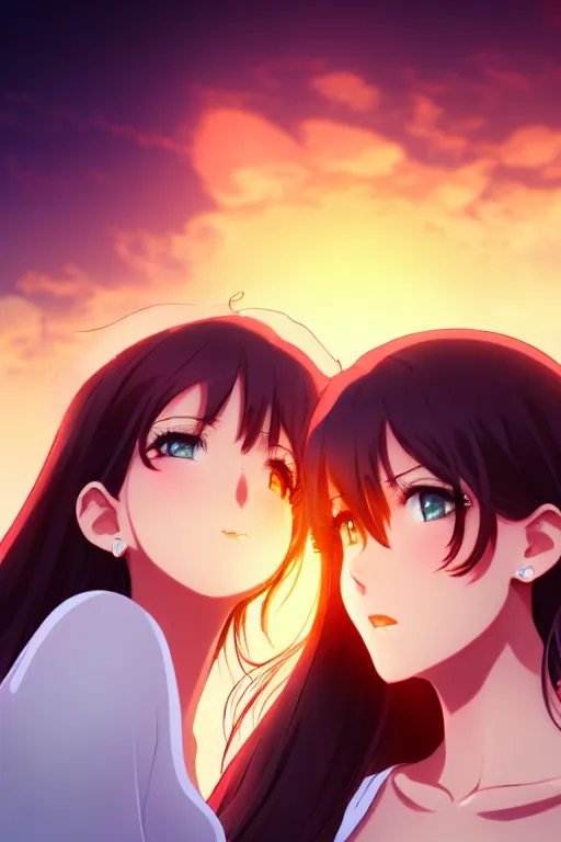 Image similar to two beautiful mothers outside on a hot summer evening, gorgeous faces, thick lines, cinematic lighting, detailed anime art