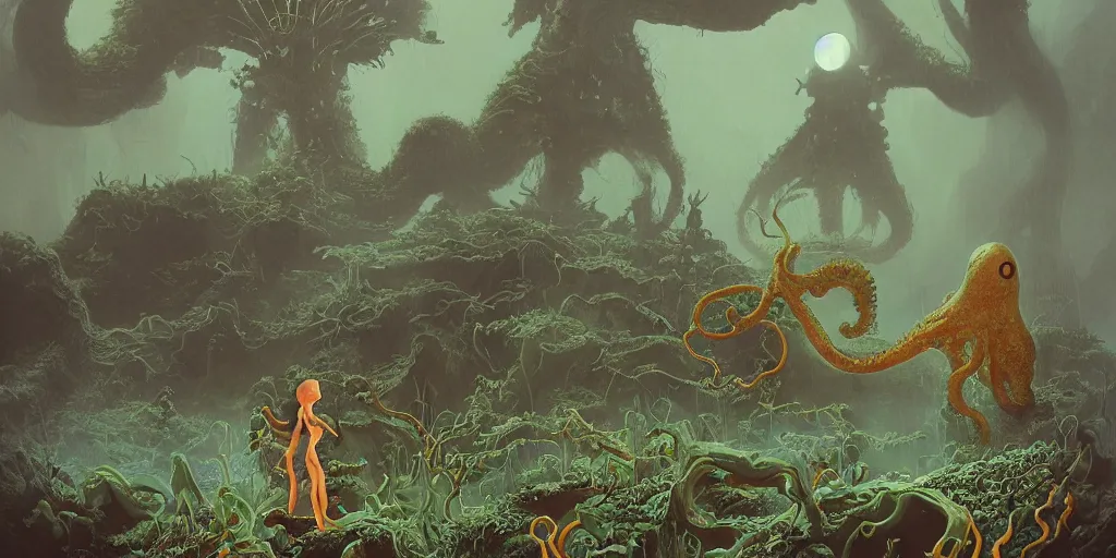 Image similar to highly detailed illustration of a tiny figure standing before an alien cephalopod in a world overgrown with fungus and spores, diffuse lighting, fog, stunning atmosphere, religious imagery, huge gargantuan black sun, nausicaa, muted colors, by roger dean, kilian eng and james jean