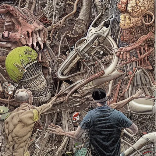 Image similar to an impossible nightmare beyond comprehension, very very detailed painting by geof darrow and greg rutowski and hr giger