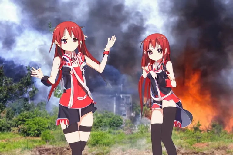 Prompt: disaster girl yuuki asuna standing in front of burning house looking at viewer