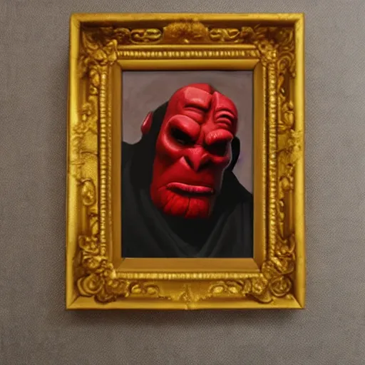 Image similar to hellboy portrait. oil painting. 3 / 4 view. closeup. based on the great masters. baroque.