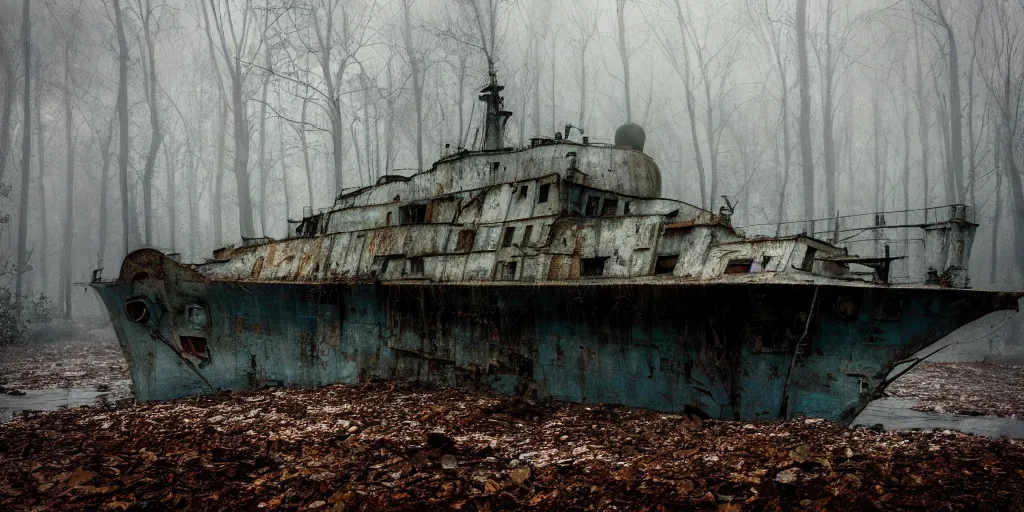 Image similar to abandoned soviet warship in the woods, around everlasting darkness, puddles of water, atmospheric, wide shot, high definition, high detail, foreboding, artstation, foggy