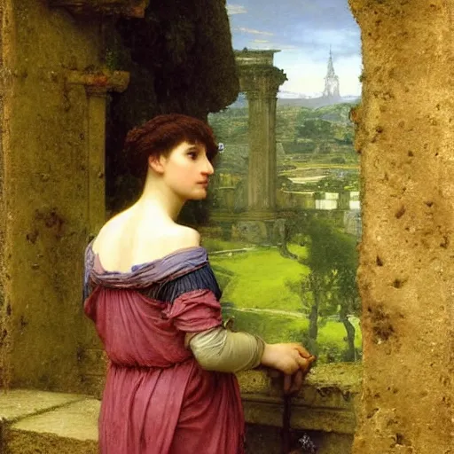 Prompt: a renaissance oil painting by alma tadema of a woman with skye blue clothes turned back on a stone balcony covered in moss with over shoulder view on desolated ruins of a city, colourful pastel artstation greg rutkowski, detailed academic bouguereau, sharp focus