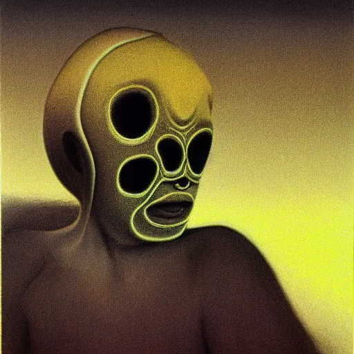 Prompt: detailed photograph of black masked mad in the style of zdzisław beksinski : : yellow and pink : : photorealistic : : gloomy and dark