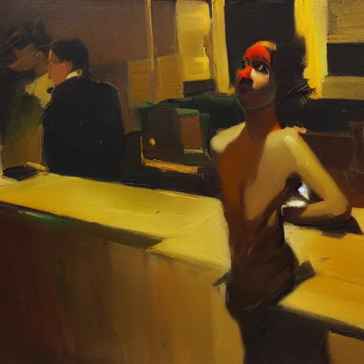 Prompt: a girl leaning against the counter in a night club staring at the camera, oil painting by Jason Shawn Alexander