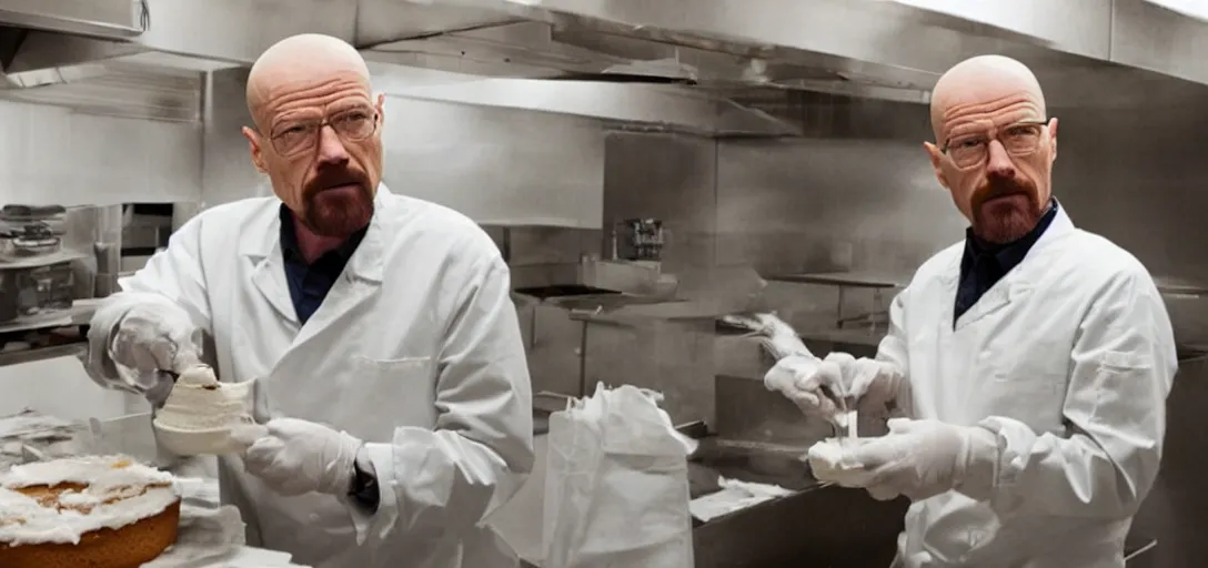 Prompt: walter white baking cakes