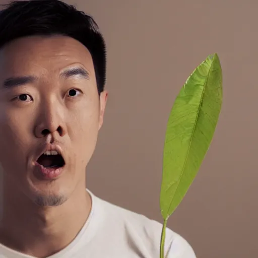 Prompt: an award winning cinematic still of surprised Justin Sun with extremely long wooden nose with leaf, 16k hyper realistic photograph, close-up professional portrait, centered, dramatic lighting