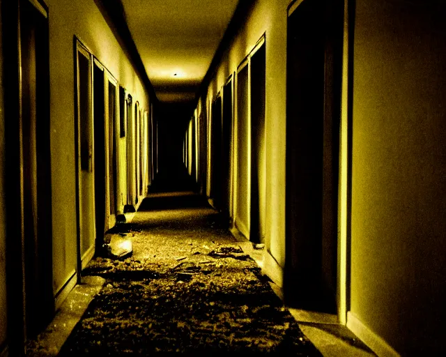 Image similar to dark abandoned hallway at night, a glimspe of something sinister, letterboxing, widescreen, 40mm tape, technicolour film, grainy, horror