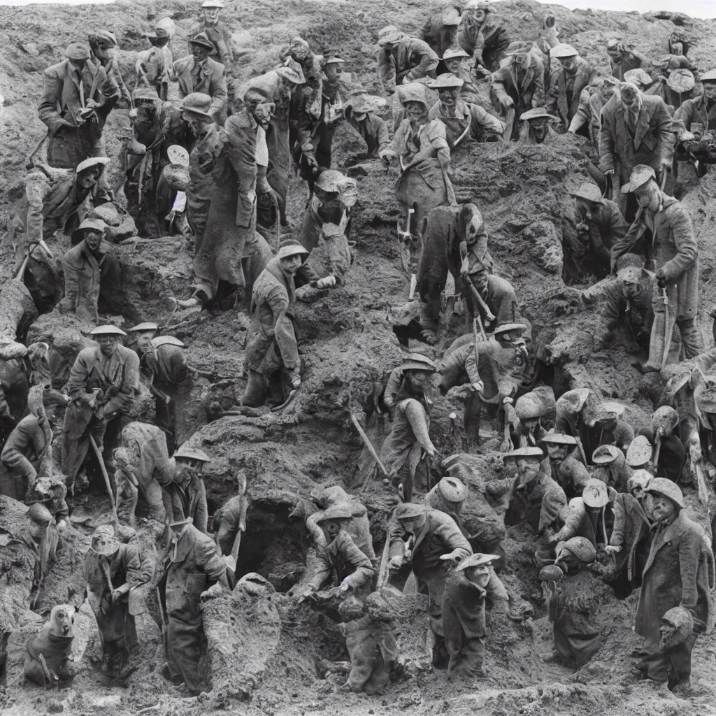 Prompt: a group of badger archaeologists with badger faces, digging at sutton hoo in 1 9 4 0 s suits, standing upright like people, anthropomorphic, style of beatrix potter, their faces are badger's faces, rendered as a highly detailed black & white photograph