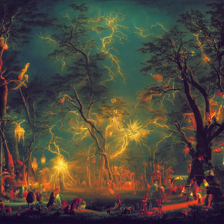 Image similar to closeup of a night carnival around a magical in a summer storm, tree cavity with a music scenario with many fireworks and christmas lights,, volumetric lightning, intense colored god rays in the sky, folklore people disguised with fantastic creatures in a magical forest by summer night, masterpiece painted by martin johnson heade, scene by dark night environment, refraction lights,