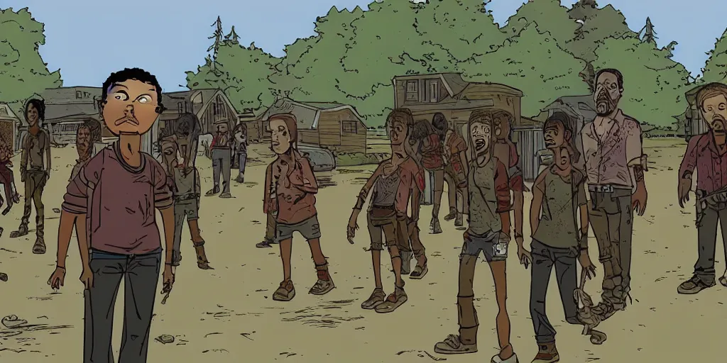 Image similar to frame from the walking dead, cartoonish style