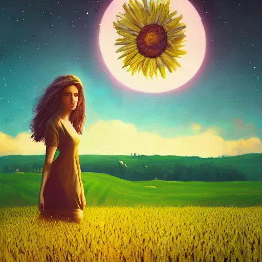 Image similar to giant daisy flowers as a head, girl walking in wheat field, hills, surreal photography, dark night, star trails, impressionist painting, dramatic clouds, digital painting, artstation, simon stalenhag