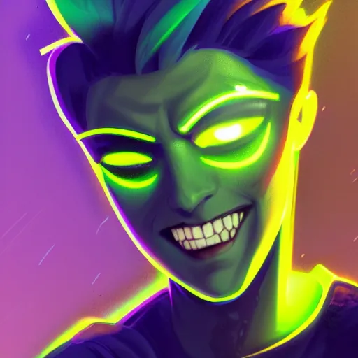 Image similar to a digital matte intricate smiling face illustration concept art, young danny phantom with glowing green eyes cute alt art fashion inspired by charlie bowater and wlop and mark arian and ross tran + neon colors, symmetry, intricate complexity, epic composition, magical atmosphere, highly detailed, cinematic lighting + masterpiece, trending on artstation + 8 k