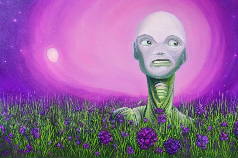 Image similar to a oil painting of a extraterrestrial alien lost in a meadow, tall plants, purple lighting, night sky, glows, moonlight,