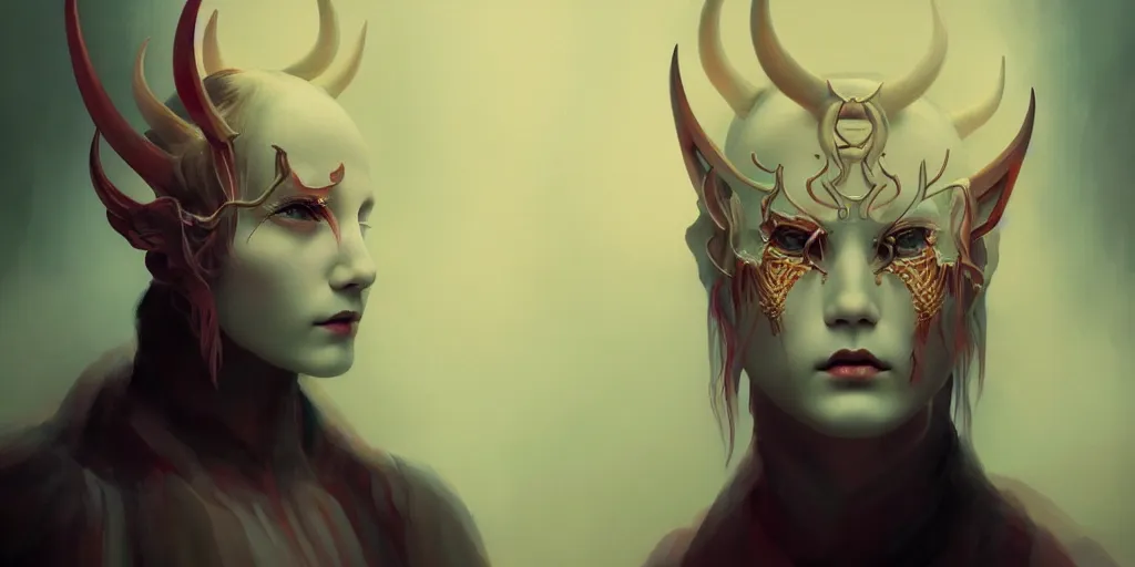 Image similar to breathtaking detailed concept art painting art deco portrait of a satanic demon, by hsiao - ron cheng, bizarre compositions, exquisite detail, extremely moody lighting, 8 k