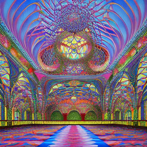 Image similar to world most beautiful mosque by jeff koons, m. c. escher, zdzisław beksinski, beeple, rutkowski, and alphonse mucha, chihuly