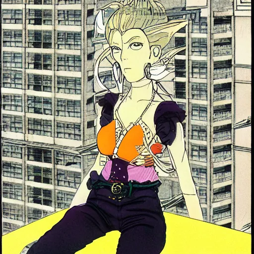 Image similar to Full body portrait of a young woman sitting on the ledge of a high rise building, cyberpunk, cel illustration, exquisitely detailed, Monkey Punch, Hayao Miyazaki, Kazuma Kaneko