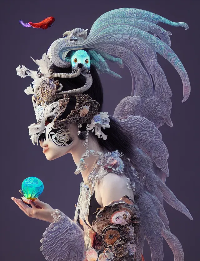 Image similar to 3 d goddess bottom - up with ram skull. beautiful intricately detailed japanese crow kitsune mask and clasical japanese kimono. betta fish, jellyfish phoenix, bio luminescent, plasma, ice, water, wind, creature, artwork by tooth wu and wlop and beeple and greg rutkowski