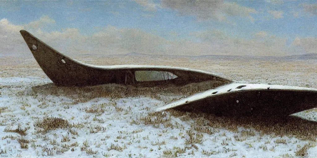 Prompt: ruined starship on tansy field at foot on snowy mountain by Fernand Khnopff, oil painting