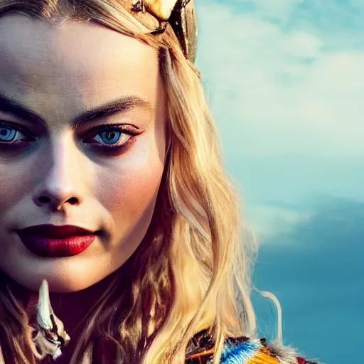 Image similar to margot robbie as a beautiful pirate with a parrot on the shoulder, realistic portrait, 8k resolution, hyper detailed, studio lighting, cinematic