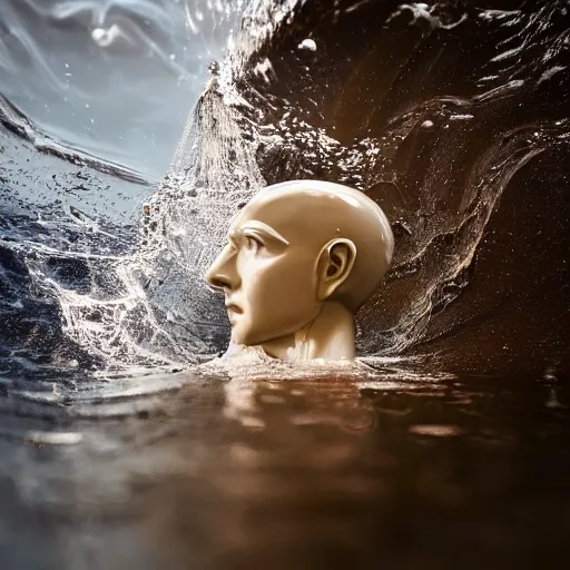 Image similar to water forming a shape of a human head, giant sculpture on the ocean water, water manipulation art, ray tracing, realistic water sharp focus, long shot, 8 k resolution, cinematic