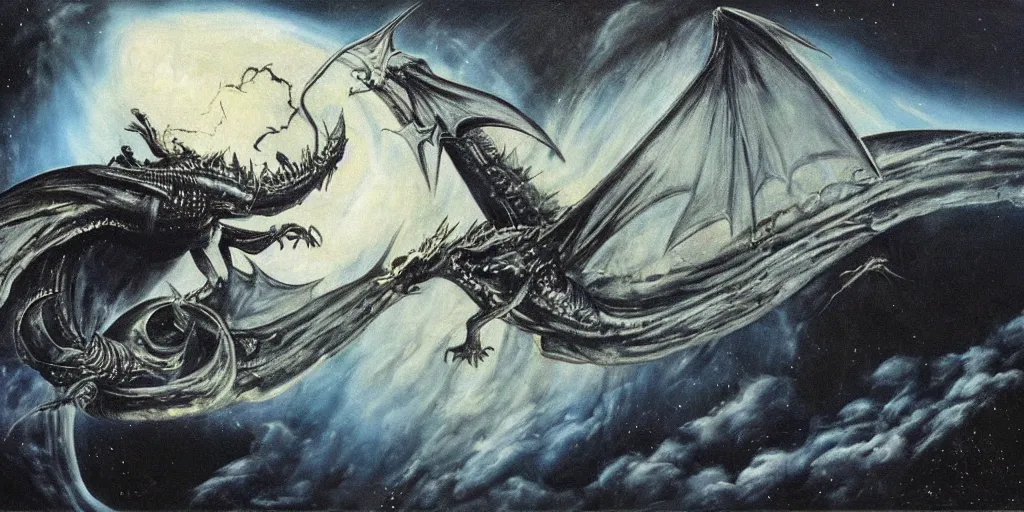 Image similar to painting by h. r. giger, menacing dragon soaring above the clouds, blackhole sun, dark undertones, exodus of the stars