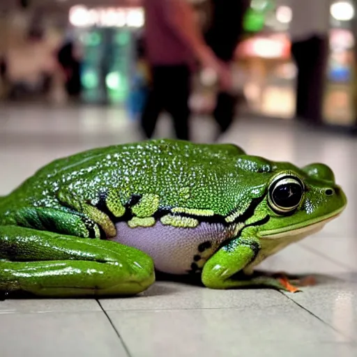 Prompt: photo of dead green frog on a floor of a shopping mall, people shocked, high details