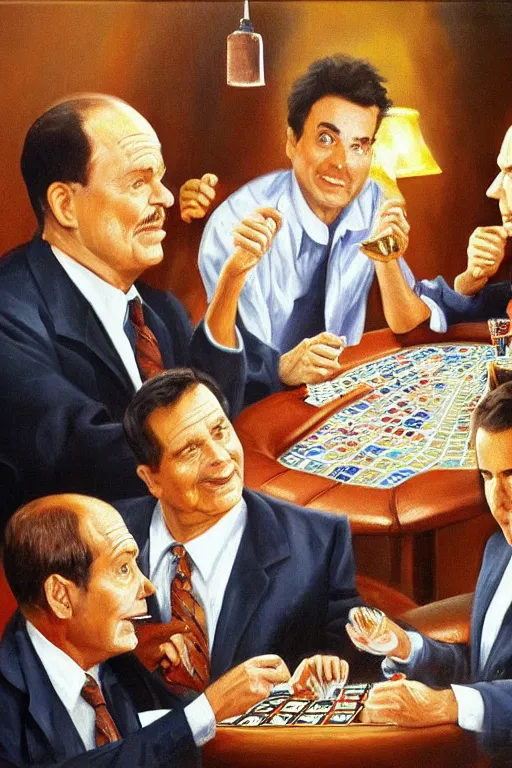 Image similar to don rickles and norm macdonald and johnny carson and bob saget are playing poker in a smokey old pub, oil painting by wilson mclean, sharp focus, masterpiece, highly detailed