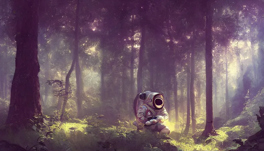 Image similar to A beautiful painting of an Astronaut in a wild magical forest, ray traced sun light, by Cindy Avelino and Kalin Popov , Trending on artstation HD.