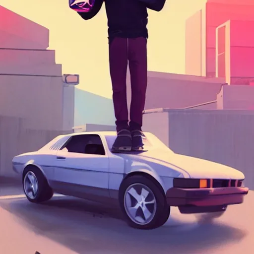 Image similar to a man holding a skateboard standing in front of a car, concept art by beeple, featured on cgsociety, retrofuturism, retrowave, synthwave, outrun