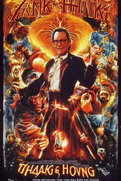 Image similar to movie poster hanksgiving, tom hanks, turkey, a wizard, lightning, 1 9 8 2, drew struzan inspiration