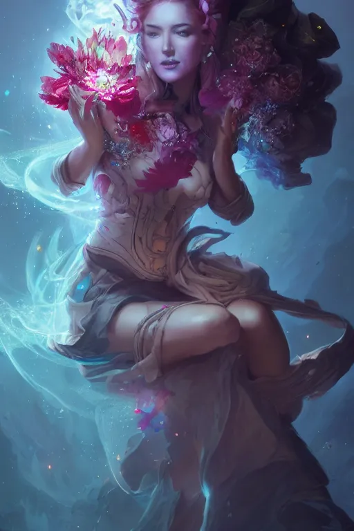 Prompt: beautiful girl necromancer covered with crystals exploding space, 3 d render, hyper realistic detailed portrait, holding magic flowers, scifi, fantasy, hyper detailed, octane render, concept art, peter mohrbacher, artgerm, ruan jia, wlop